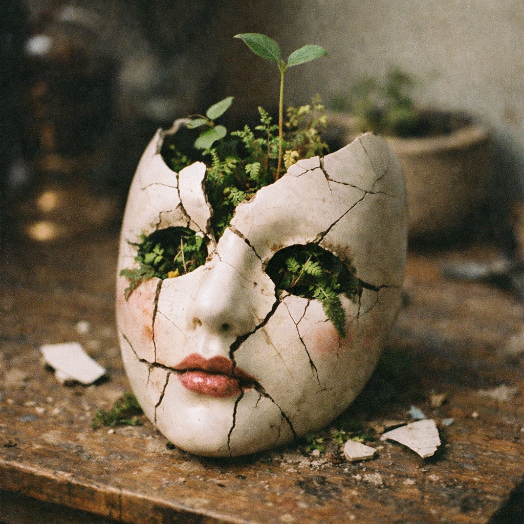Cracked ceramic mask with plants growing through eye holes and top
