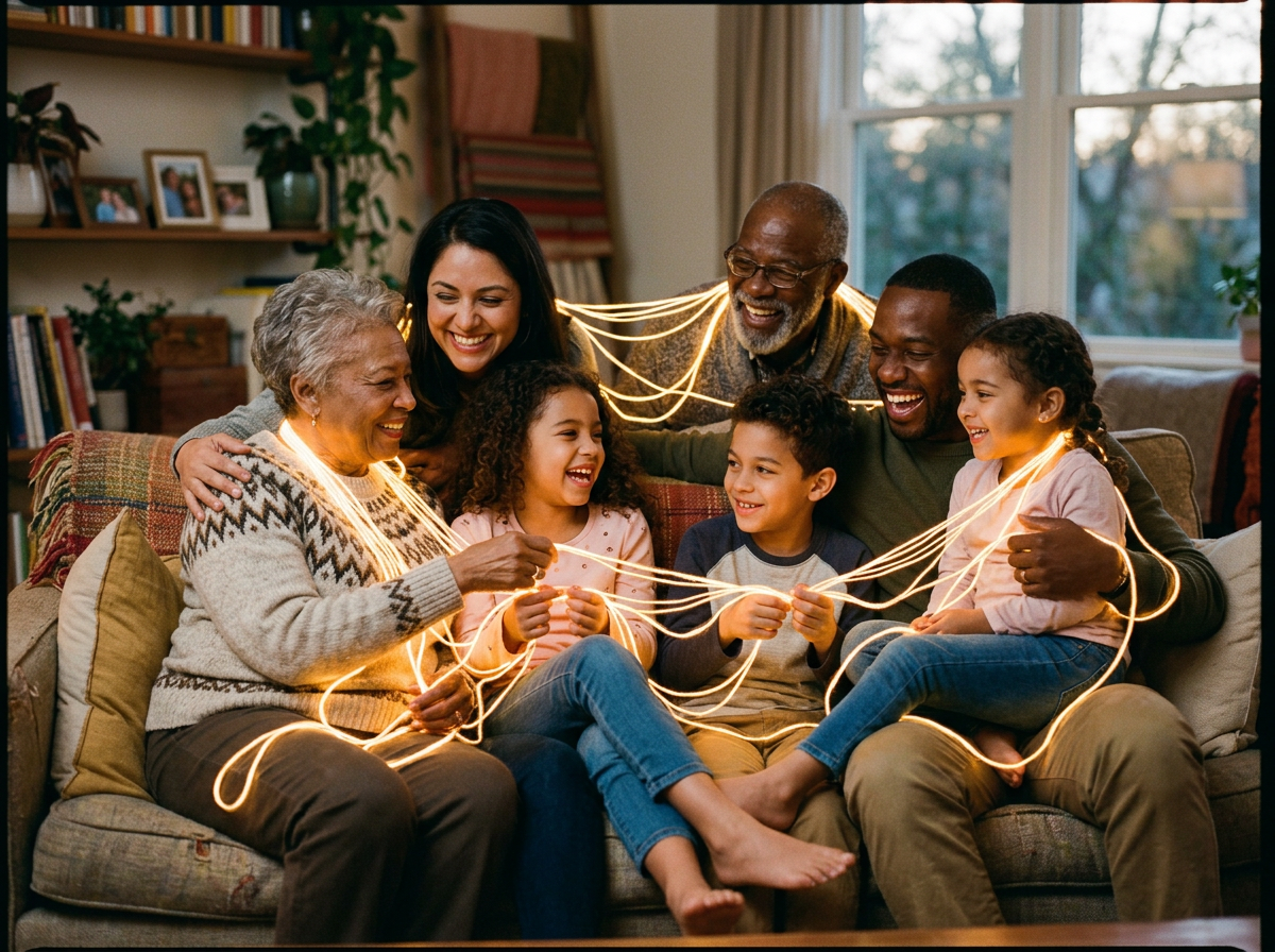 Multigenerational family sitting on a couch smiling and holding glowing strings of light