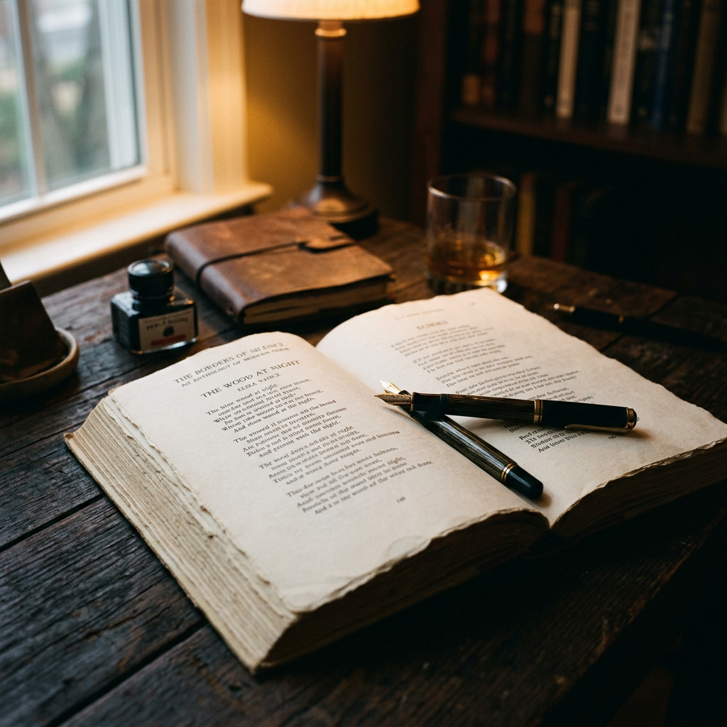 Open vintage book with fountain pens on rustic wooden desk beside ink bottle and glass of whiskey