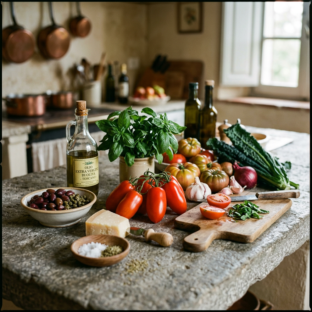 Fresh tomatoes, basil, garlic, kale, olives, olive oil, cheese, and spices arranged on a stone kitchen counter