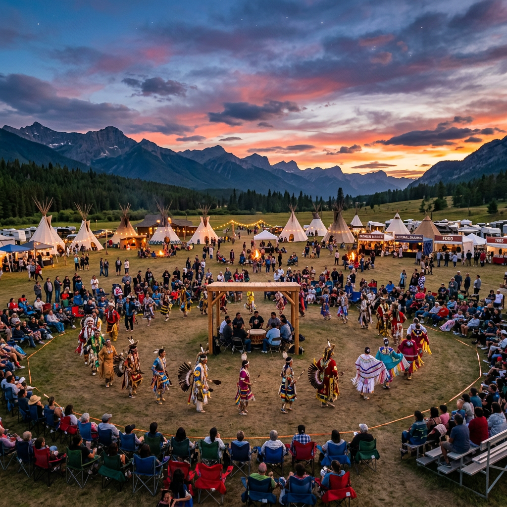Native American powwow circle with dancers, drummers, and spectators at sunset
