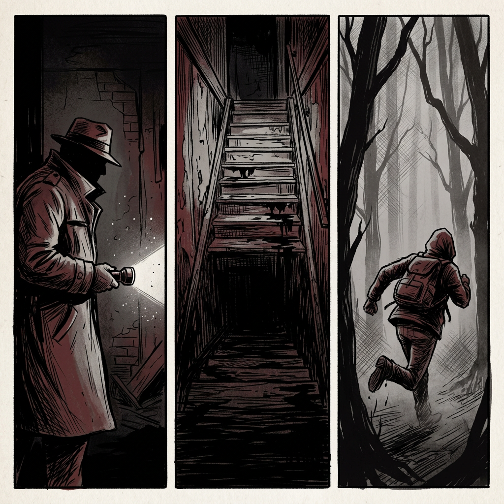 Three-panel noir scene of a flashlight, stairs, and a runner in woods