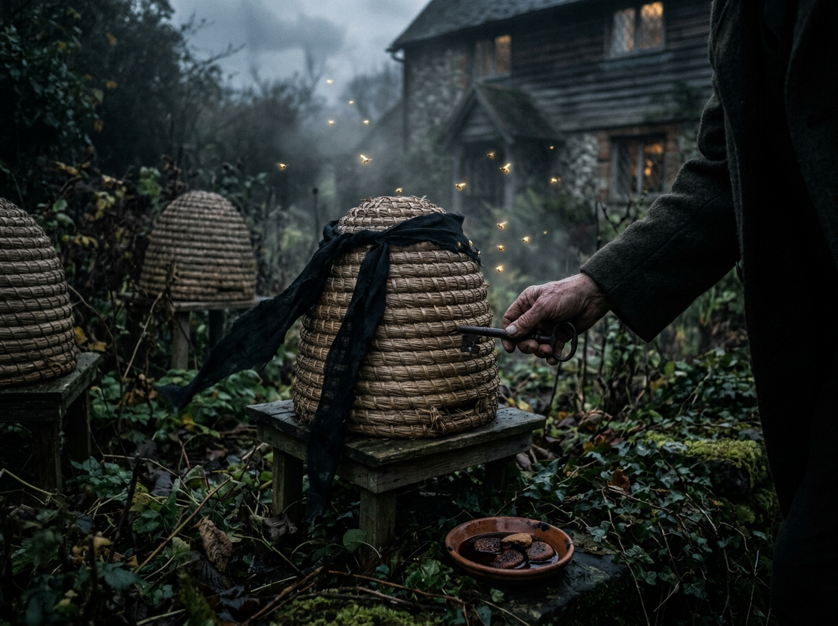 Person holding scissors beside wicker beehives as bees fly outside cottage