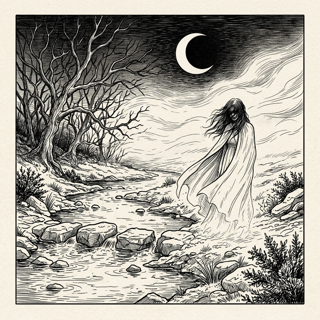 Figure in flowing robes beside a stream beneath a crescent moon